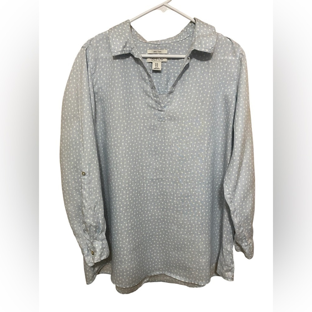 Rachel Zoe Plus Size 1X Light Blue with White Polka Dots Tunic Shirt.